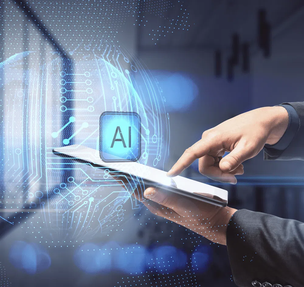 Person using a tablet with AI interface overlay, digital data visualisation and technology concept background
