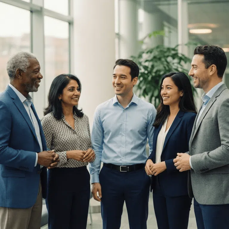 A group of professionally dressed people standing together indoors, smiling and talking in a bright, modern office space with large windows and plants in the background.