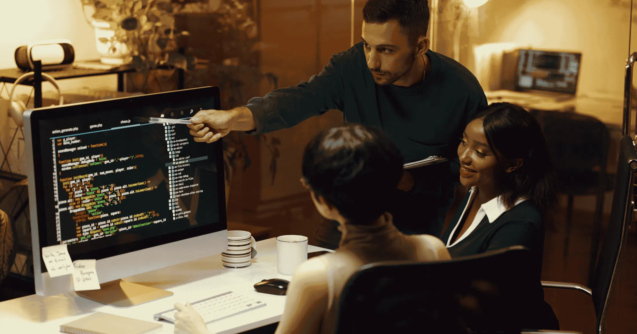 Team members collaborating while reviewing code on a large screen