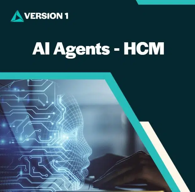 Promotional slide titled “AI Agents – HCM” with a teal and dark blue design. The image shows a stylized human profile formed by glowing circuit lines, suggesting artificial intelligence, alongside the label “Version 1” in the top-left corner.