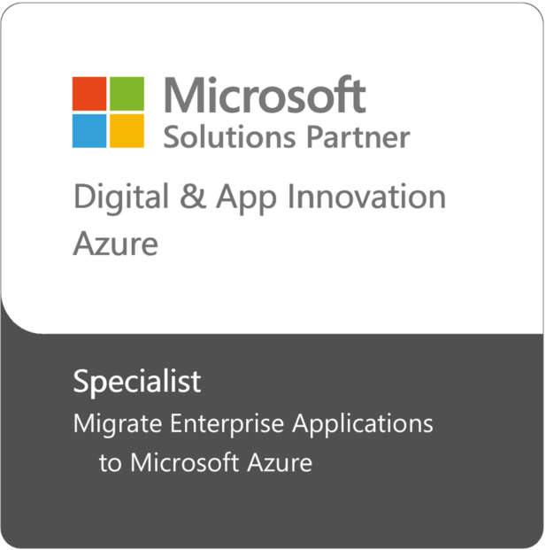 Microsoft Solutions Partner badge for Digital & App Innovation on Azure, highlighting a Specialist certification in migrating enterprise applications to Microsoft Azure.