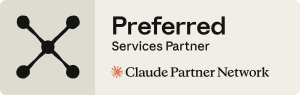 Claude Partner Network Preferred Services Partner badge featuring a connected-node network icon on the left, with 'Preferred Services Partner' text and the Claude Partner Network logo and branding on the right.