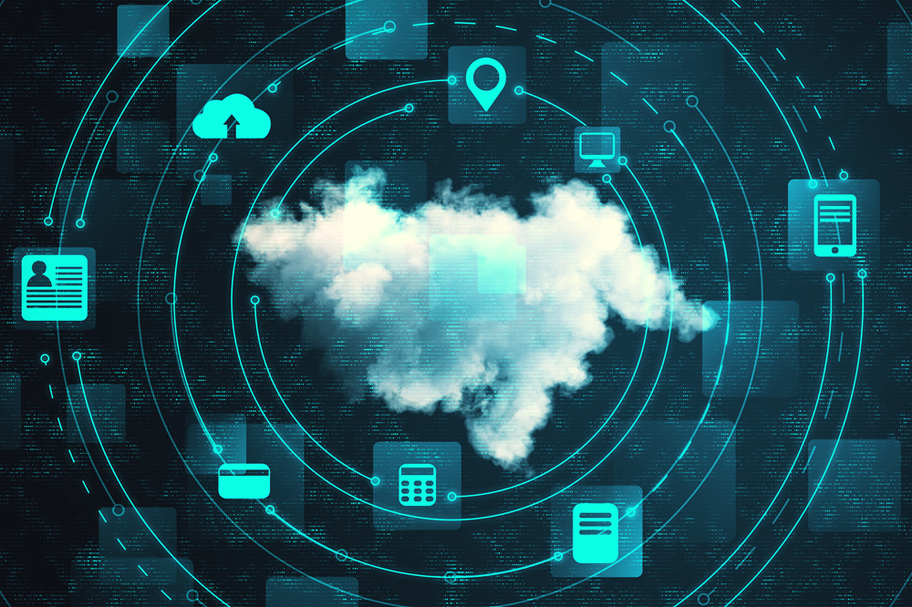 The image showcases a futuristic and highly stylized representation of cloud computing at the center of a digital ecosystem, set against a dark, technology-themed background filled with subtle grid patterns and data-like textures. At the center, a semi-realistic, softly glowing white cloud appears, blending natural cloud imagery with digital aesthetics, surrounded by multiple concentric circular rings that resemble an advanced interface or radar system. Radiating outward from the cloud are thin, glowing lines and connection paths that link to various icons positioned around the outer rings, including symbols representing a location pin, cloud storage, a smartphone, a calculator, a data server, and a user profile, each enclosed within small square or rounded frames. These elements are arranged in a structured, circular layout, suggesting an organized and globally connected network. The color palette is dominated by cool tones such as cyan, teal, and deep blue, with bright
