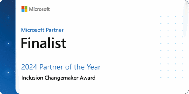 Microsoft Partner award badge indicating Finalist status for the 2024 Partner of the Year, Inclusion Changemaker Award, with Microsoft branding and a blue-accented design.
