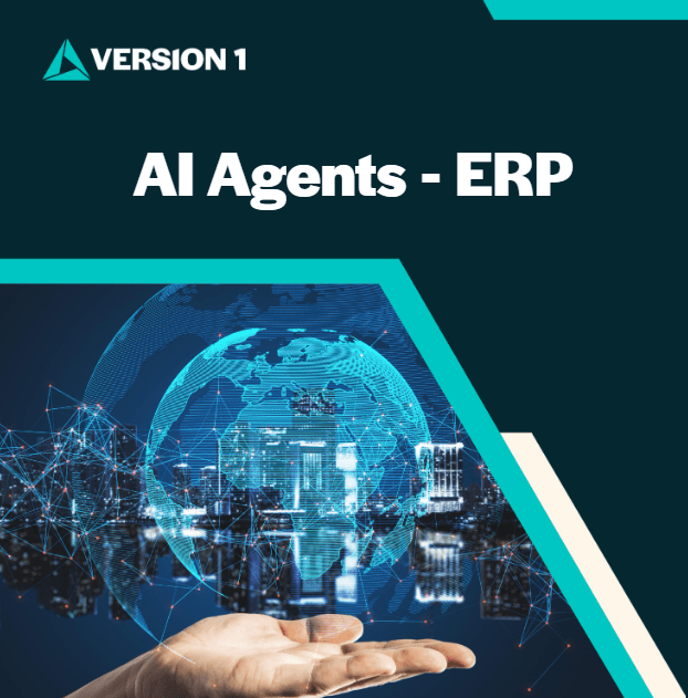 Presentation slide labeled ‘Version 1: AI Agents – ERP’ featuring a blue‑green digital globe, city skyline, and network connections symbolizing AI‑driven enterprise resource planning.