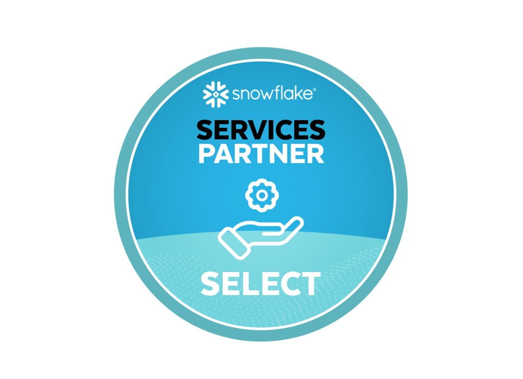 A branded badge graphic for Snowflake is shown, featuring a circular blue gradient design. At the top, the Snowflake logo and name appear in white. The central text reads “SERVICES PARTNER”, with a clean, bold font. Below that, a simple line icon depicts a hand holding a small gear, symbolizing support or service capabilities. At the bottom of the badge, the word “SELECT” indicates the partner tier level. The overall design uses shades of blue and white, with subtle dotted patterns and curved accents, giving it a modern, polished, and enterprise-focused appearance.