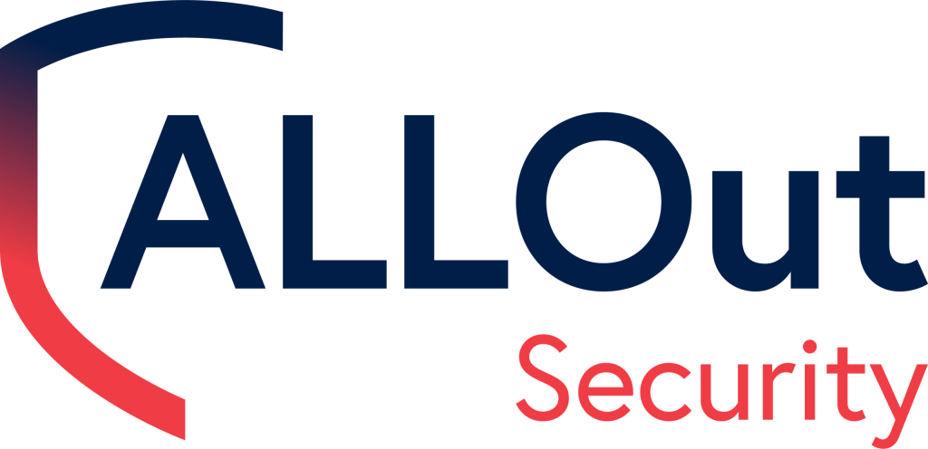 A modern logo for “AllOut Security” featuring dark blue bold text for “AllOut,” red text for “Security,” and a blue-to-red shield-style graphic on the left to represent protection and safety.