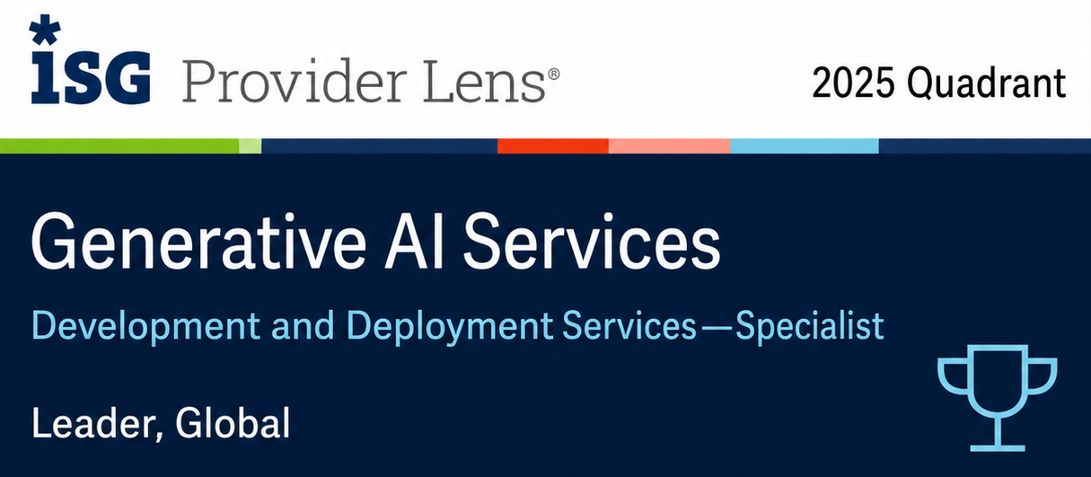 ISG Provider Lens 2025 Quadrant recognition graphic for Generative AI Services. The graphic highlights the category “Strategy and Consulting Services—Specialist” and ranks the provider as a “Leader, Global.” The design features the ISG Provider Lens logo at the top, a dark blue background, large white and light-blue text, a multicolored accent bar, and a trophy icon in the lower-right corner.