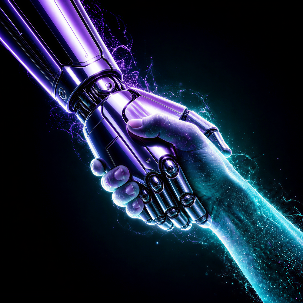 Close-up digital illustration of a robotic hand and a human hand engaged in a handshake against a dark background. The metallic robotic hand is illuminated with vibrant purple and blue highlights, while the human hand appears formed from glowing digital particles and light. Electric-style energy trails and floating data-like effects surround the hands, symbolising collaboration between humans and artificial intelligence, technological innovation, and digital transformation.