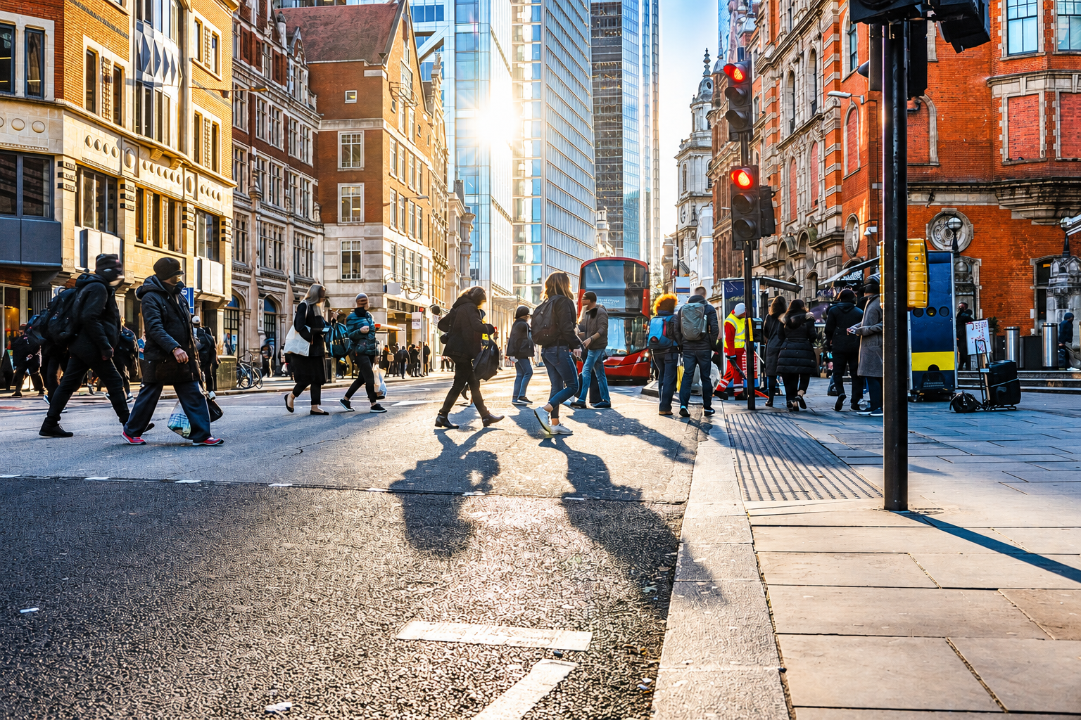 Busy London city street at sunset with pedestrians crossing at a junction, long shadows cast on the road, red traffic lights visible, and a red double-decker bus approaching in the background between historic brick buildings and modern glass skyscrapers.