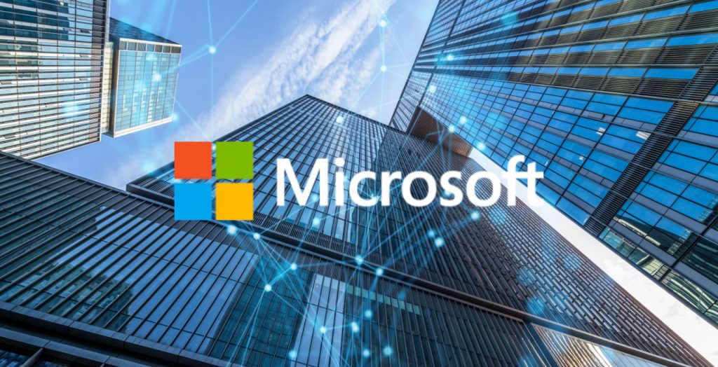 Microsoft logo overlayed on skyscraper