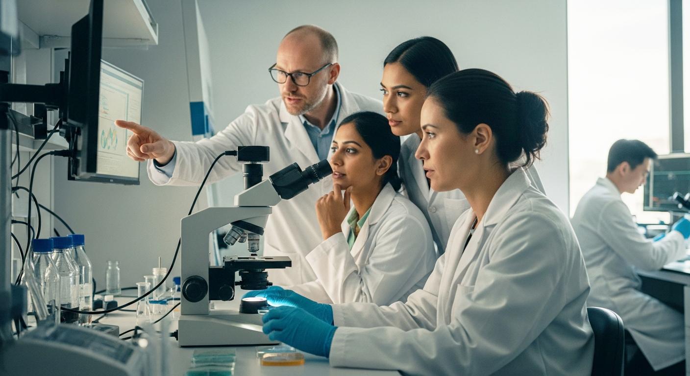 Scientists looking at data in science lab