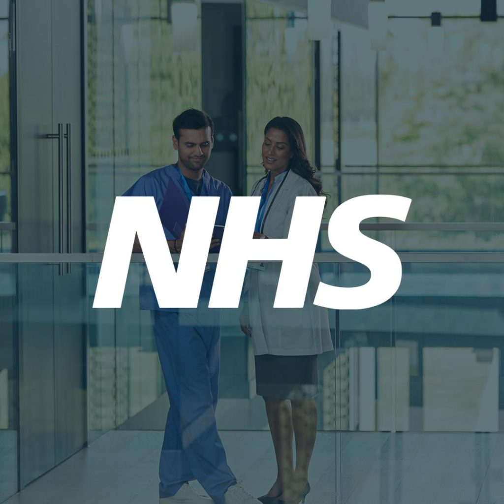 NHSlogo over an image of 2 medical professionals in a hospital