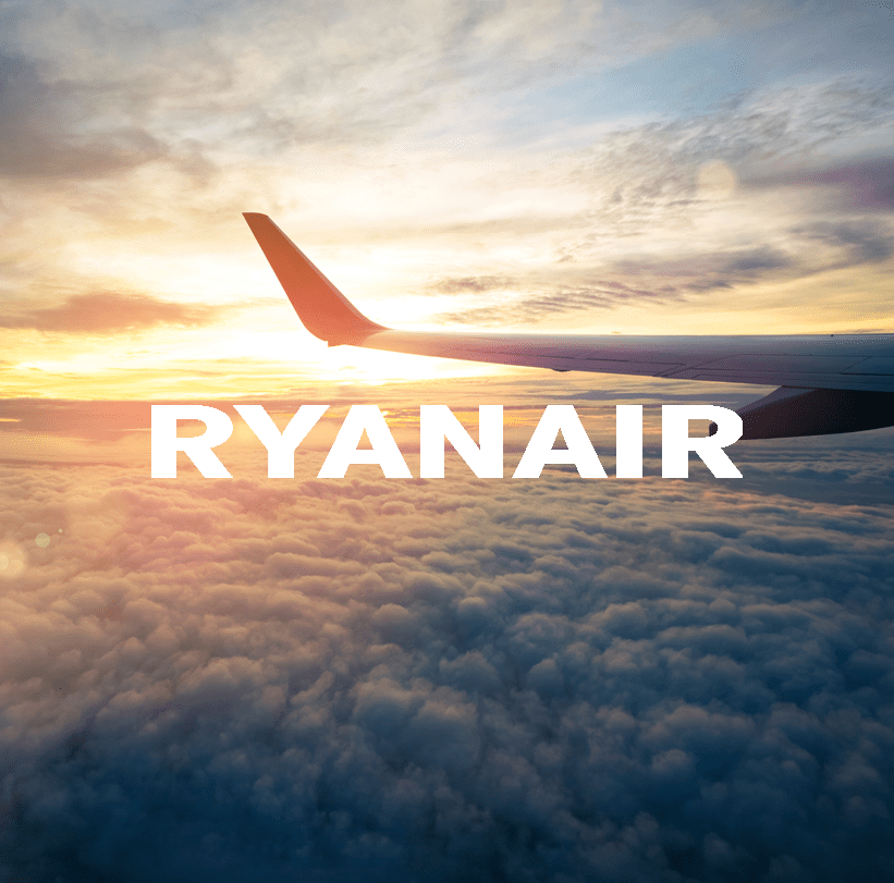 ryanair logo overlaid onto a photo of a plane wing in the sky