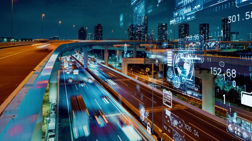 City motorway scene with digital images and numbers laid on top