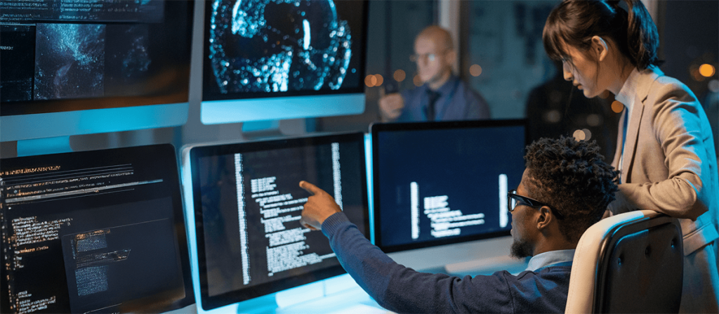 A team of cybersecurity or IT professionals works together in a dimly lit operations center, surrounded by large monitors displaying code, system data, and digital visualizations. One person seated at a workstation points toward a screen filled with lines of code while another stands beside them, observing and discussing the information.