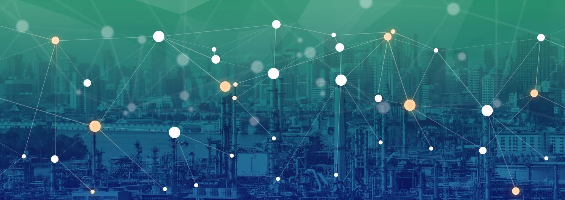 Digital overlay of connected nodes and lines forming a network across an industrial cityscape, symbolising data connectivity, smart infrastructure, or AI-driven industry.