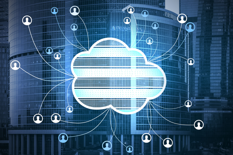 The image presents a detailed and futuristic depiction of cloud computing networks embedded within an urban business environment, where a large, glowing cloud icon occupies the center of the scene and is overlaid on top of modern skyscrapers with glass facades, suggesting a corporate city setting; the cloud is designed with horizontal segmented lines and bright cyan illumination, giving it a digital, layered appearance, and from this central cloud multiple thin, curved connection lines extend outward in all directions, linking to numerous small circular icons that each contain simplified user profile symbols, representing individual users or devices connected to the network; these icons are evenly distributed across the frame, creating a web-like structure that spans the image and conveys a sense of widespread connectivity and data sharing; the background buildings are slightly blurred and tinted in deep blue tones, emphasizing the digital overlays and enhancing depth, while the overall color palette consists of cool blues, whites, and subtle gradients with glowing highlights that reinforce a high-tech aesthetic; the composition clearly communicates the concept of centralized cloud infrastructure supporting a distributed network of users, symbolizing themes of data exchange, collaboration, remote access, and interconnected digital ecosystems in a modern technological landscape.