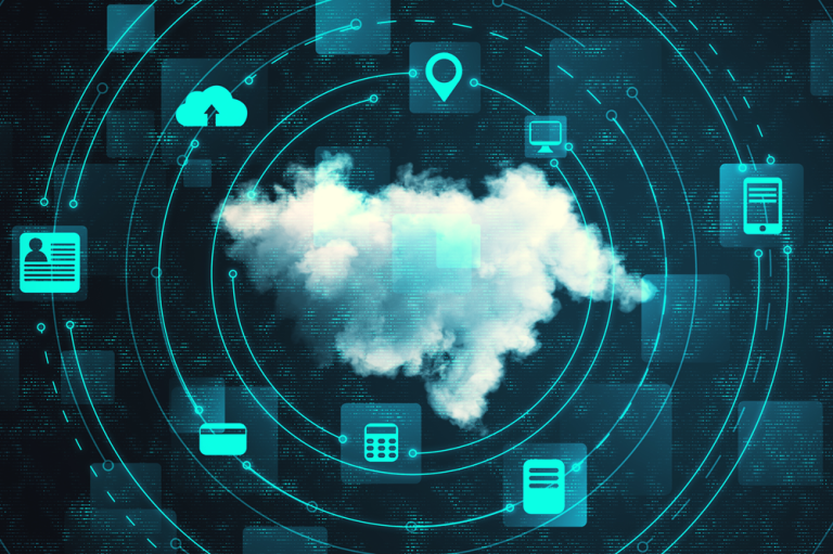 The image showcases a futuristic and highly stylized representation of cloud computing at the center of a digital ecosystem, set against a dark, technology-themed background filled with subtle grid patterns and data-like textures. At the center, a semi-realistic, softly glowing white cloud appears, blending natural cloud imagery with digital aesthetics, surrounded by multiple concentric circular rings that resemble an advanced interface or radar system. Radiating outward from the cloud are thin, glowing lines and connection paths that link to various icons positioned around the outer rings, including symbols representing a location pin, cloud storage, a smartphone, a calculator, a data server, and a user profile, each enclosed within small square or rounded frames. These elements are arranged in a structured, circular layout, suggesting an organized and globally connected network. The color palette is dominated by cool tones such as cyan, teal, and deep blue, with bright