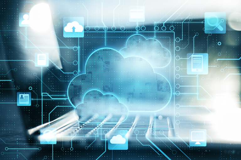 The image illustrates a highly stylized and futuristic representation of cloud computing at the core of a digital network environment, featuring a large, glowing cloud icon positioned centrally above what appears to be a keyboard or platform, with the cloud rendered in bright cyan and blue tones and composed of a grid-like pattern that suggests data density and structure; surrounding the central cloud are smaller cloud icons and various interface-style elements, including rectangular frames and symbols that resemble user profiles, files, or application windows, all interconnected by thin circuit-like lines and pathways that span across the entire scene, evoking the design of a motherboard or digital infrastructure; the foreground includes a blurred portion of a hand or finger interacting with the surface, suggesting human interaction with the cloud system, while the background maintains a layered, technology-themed aesthetic filled with glowing nodes, network connections, and geometric patterns; the color palette is dominated by cool blues and white highlights, with soft light flares adding depth and a polished, holographic quality, collectively conveying themes of data storage, cloud services, network connectivity, and real-time digital interaction within an advanced computing ecosystem.