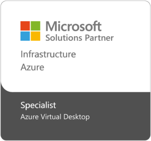 Microsoft Solutions Partner badge for Infrastructure on Azure, highlighting a Specialist certification in Azure Virtual Desktop.