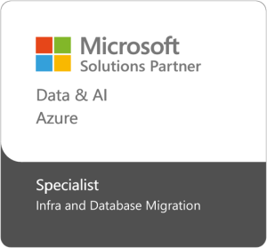 Microsoft Solutions Partner badge for Data & AI on Azure, highlighting a Specialist certification in Infrastructure and Database Migration.