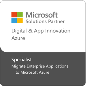 Microsoft Solutions Partner badge for Digital & App Innovation on Azure, highlighting a Specialist certification in migrating enterprise applications to Microsoft Azure.