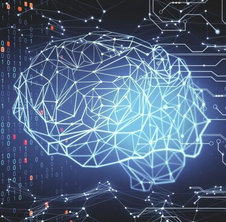 Futuristic digital illustration of a human brain formed by interconnected lines and nodes, surrounded by binary code and network patterns, representing AI security, data processing, and cyber intelligence.
