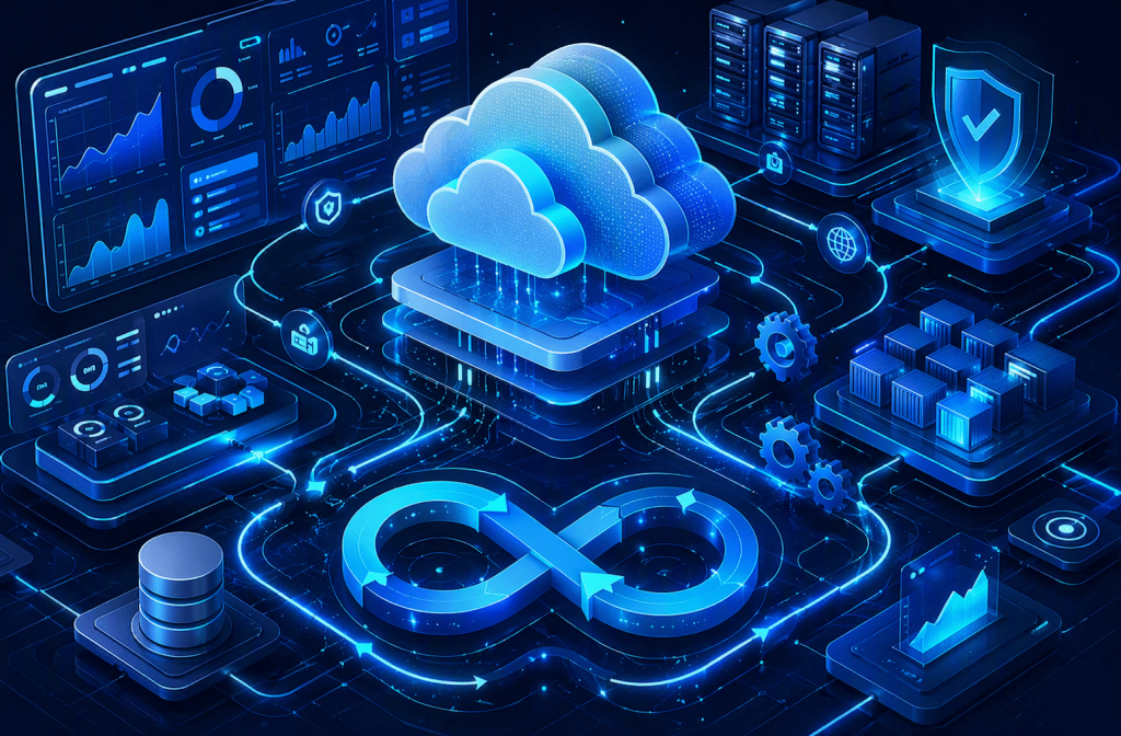 A futuristic blue-toned digital graphic depicts a cloud computing and FinOps environment. A large cloud icon sits at the center on a technology platform, linked to monitoring dashboards, data storage systems, server racks, security shields, containerized workloads, and DevOps infinity-loop symbols. Bright interconnected pathways illustrate data flow, automation, governance, and cloud financial management across the infrastructure. The image emphasizes cloud operations, cost optimization, security, monitoring, and continuous delivery within a modern enterprise cloud platform.