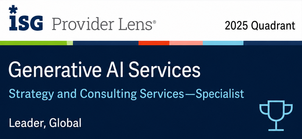 ISG Provider Lens 2025 Quadrant graphic recognizing a company as a Global Leader in Generative AI Services within the Strategy and Consulting Services—Specialist category. The design features a dark blue background with the ISG Provider Lens logo, award-style trophy icon, and prominent white and light-blue text.