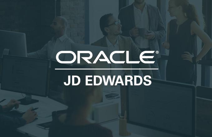 The image shows a corporate-themed graphic featuring the text “ORACLE JD EDWARDS” in bold white lettering, centred over a blue-tinted background of an office environment with people working at computers and talking.