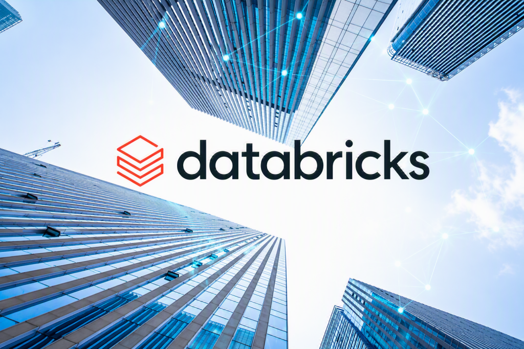 Databricks logo centered against a bright sky, surrounded by modern glass skyscrapers viewed from below. Reflective high-rise buildings extend inward from the edges of the image, while subtle blue digital network lines and glowing connection points overlay the scene, symbolizing data analytics, cloud computing, artificial intelligence, and enterprise connectivity.