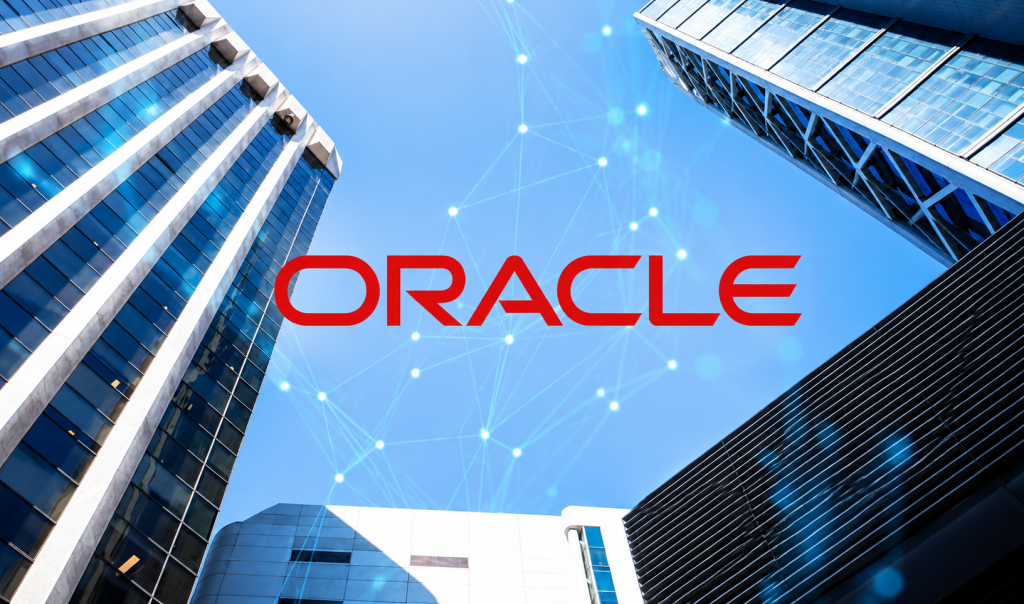 Oracle logo displayed against a background of modern high-rise office buildings viewed from below, with blue digital network lines and glowing connection points across the sky, symbolizing cloud technology, data connectivity, and enterprise digital infrastructure.