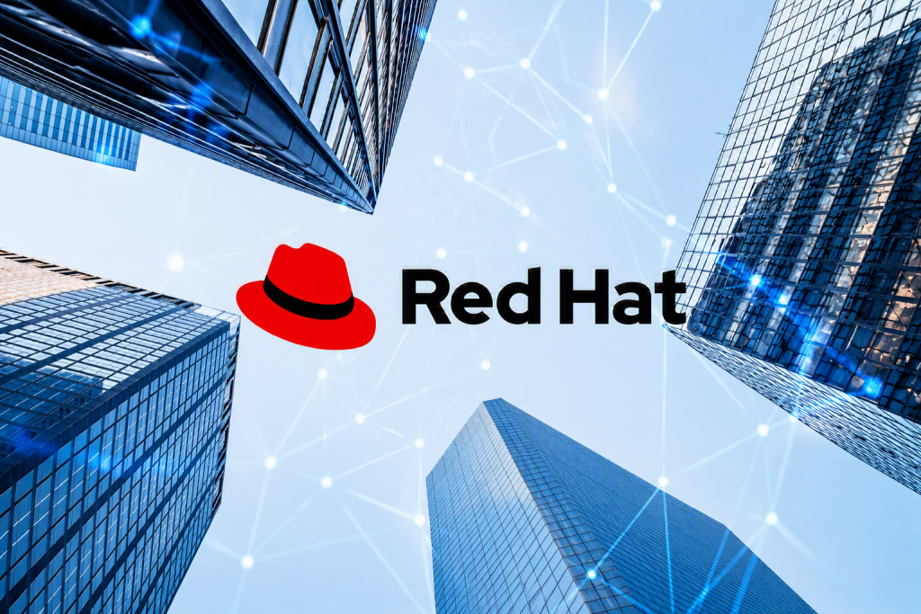Red Hat logo and signature red hat icon displayed against a low-angle view of modern glass skyscrapers. Blue digital network lines and glowing connection points overlay the sky between the buildings, symbolizing cloud computing, open-source technology, enterprise infrastructure, and digital connectivity.