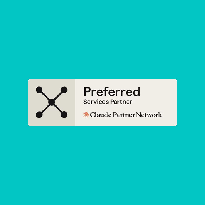 Claude Partner Network Preferred Services Partner badge featuring a connected-node network icon on the left, with 'Preferred Services Partner' text and the Claude Partner Network logo and branding on the right.