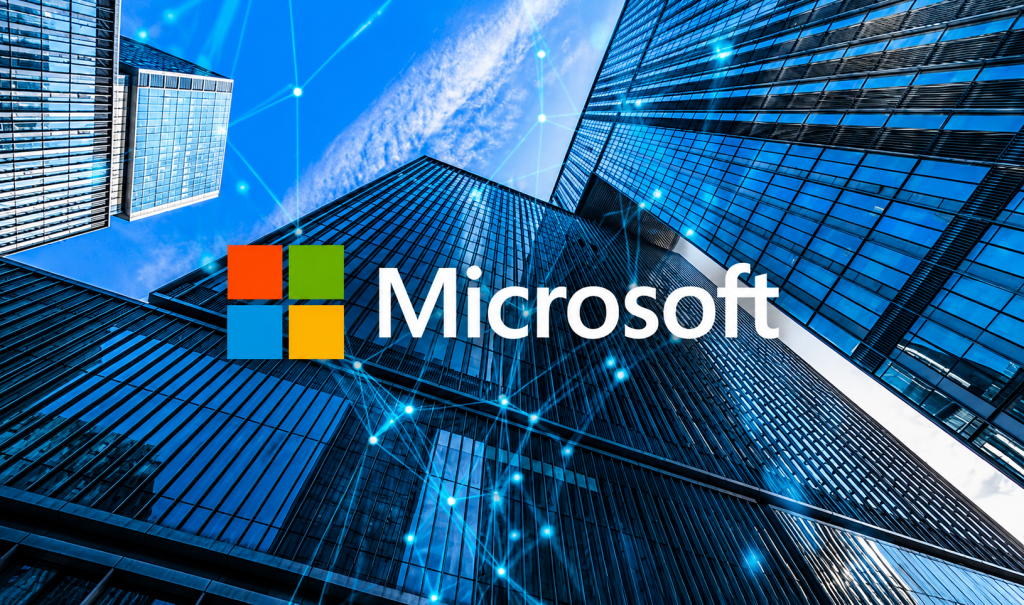 Microsoft logo displayed against a low-angle view of modern glass office towers, with blue digital network lines and glowing connection points overlaid across the buildings, symbolizing cloud computing, digital transformation, and connected enterprise technology.