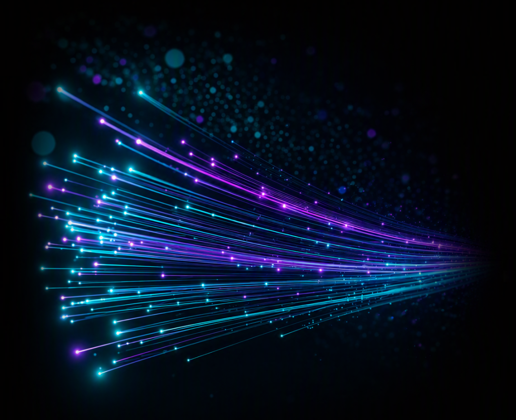 Abstract digital illustration of glowing blue and purple fibre-optic light trails streaming across a dark background. Bright points of light travel along curved lines, creating a sense of speed, connectivity, data transfer, and high-tech communication. The edges fade into black, with scattered bokeh-style light particles adding depth and motion.