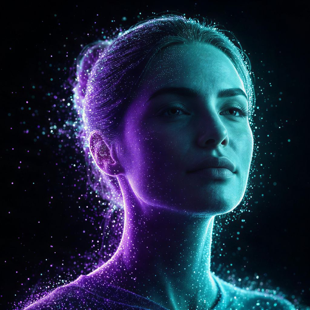 Stylised digital portrait of a person illuminated by glowing blue and purple particles against a dark background. Thousands of light points and fine luminous strands trace the contours of the face, hair and shoulders, creating a futuristic effect that suggests artificial intelligence, digital transformation, data, and advanced technology. The image features high contrast lighting with neon hues and a star-like particle field surrounding the figure.